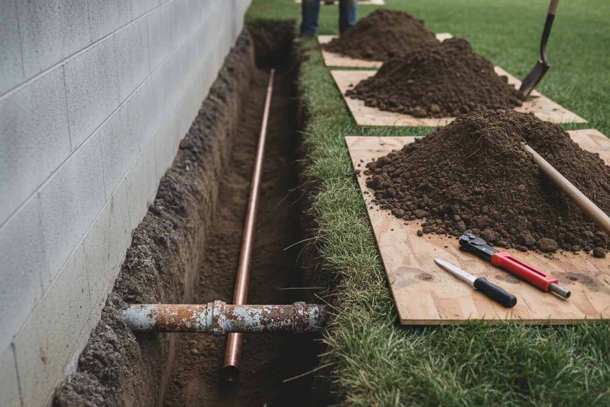 Excavated water line trench during Water Heater Repair in Combs